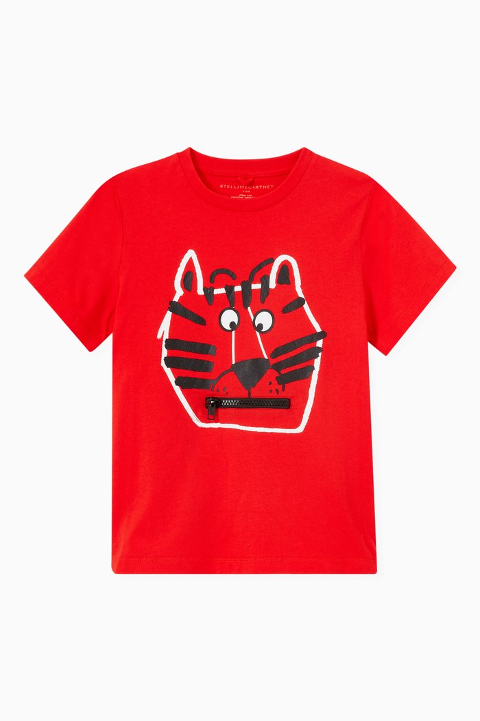 

Tiger Print with Zip T-shirt in Cotton, Red