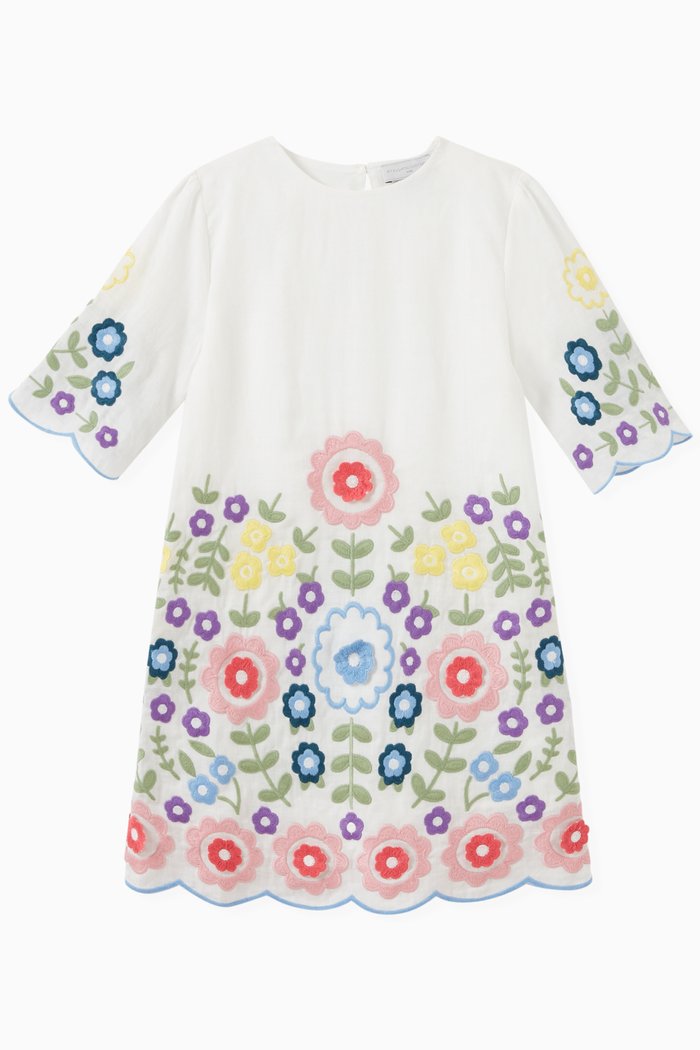 

Floral Embroidered Dress in Ramie, White