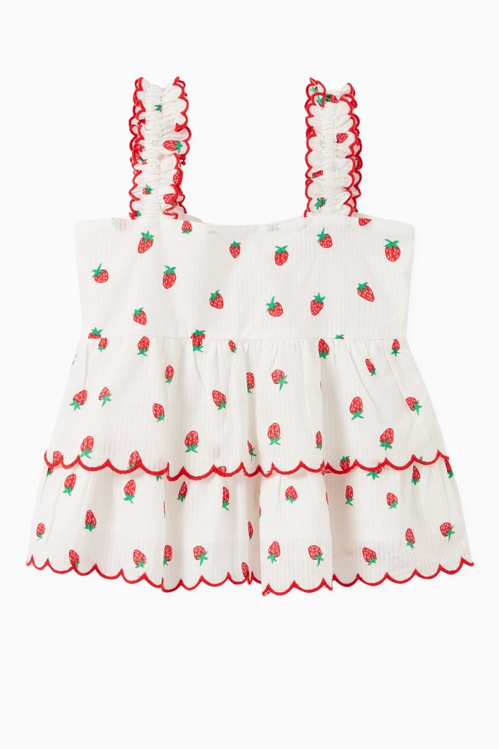 

Strawberry Print Top in Cotton Jacquard, White