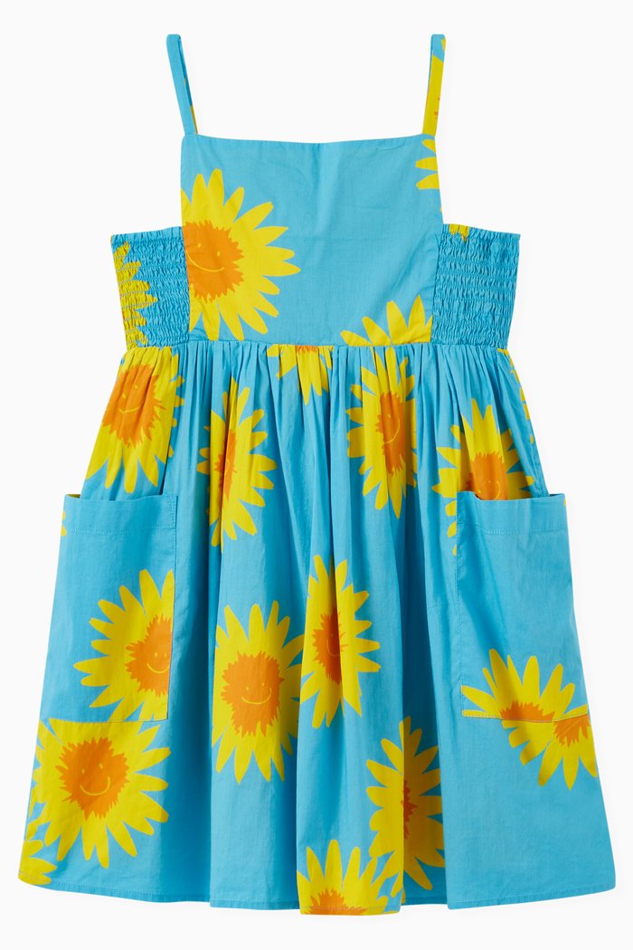 Sunflower Print Dress in Sustainable Cotton, Blue