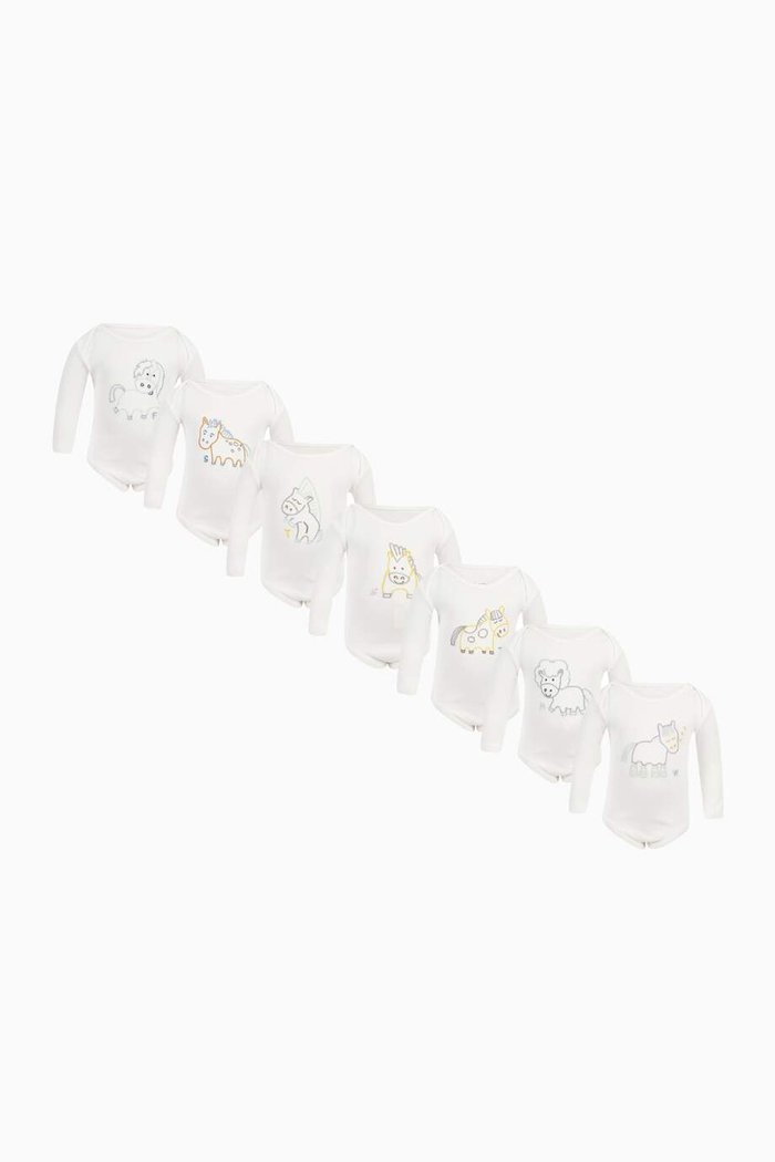 Embroidered Animal Bodysuits in Cotton, Set of 7, White
