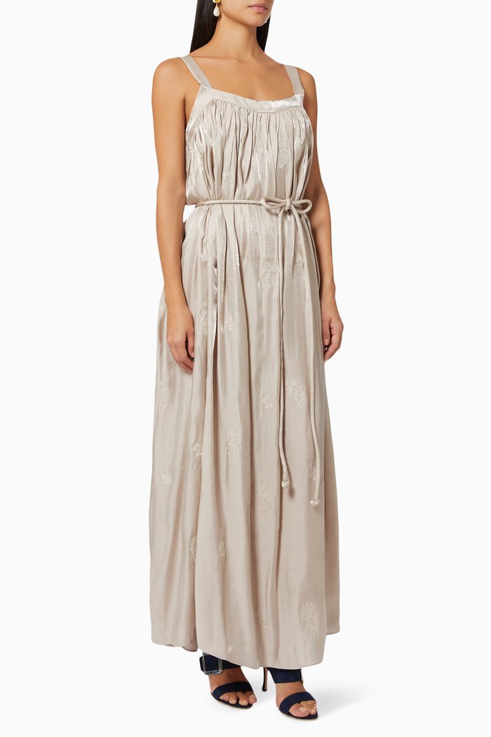 Embroidered Gathered Dress, Grey