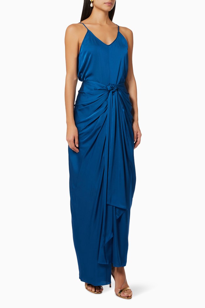 Draped Top & Skirt Set in Silk, Blue