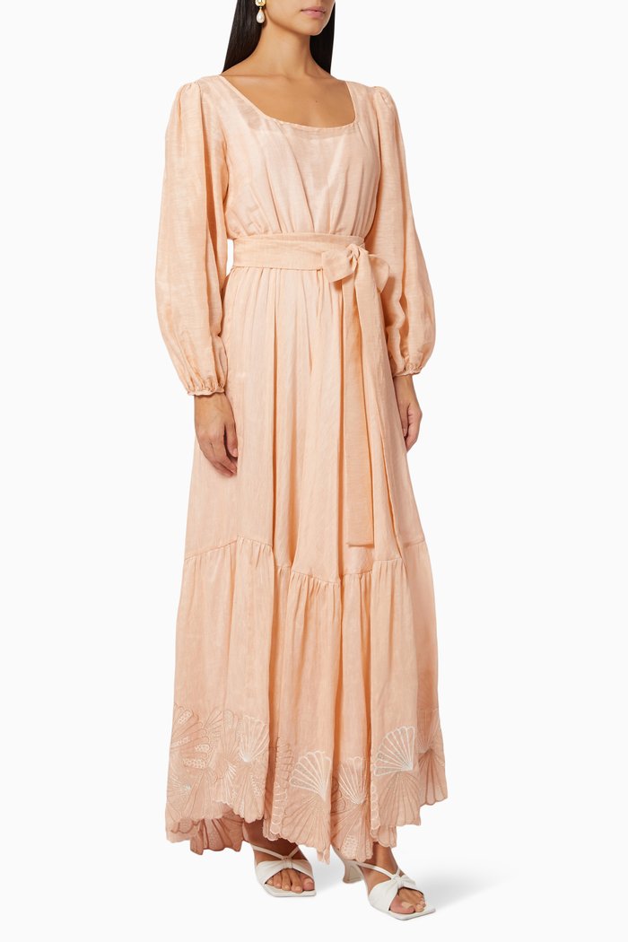 

Puff Sleeve Belted Dress in Linen, Pink