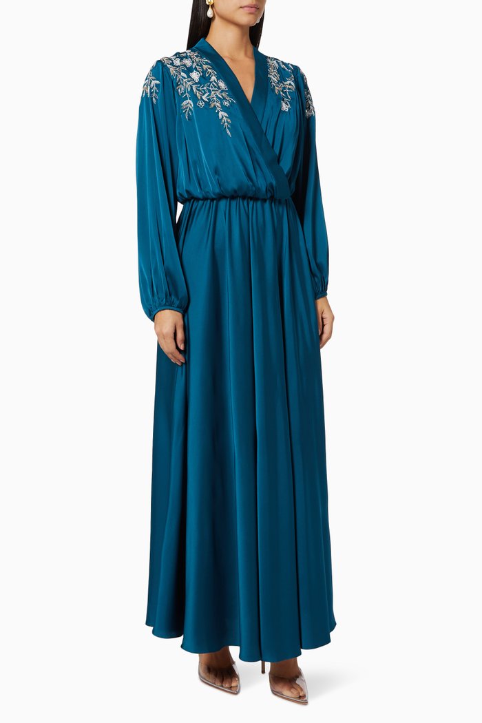 Embellished Wrap Dress in Satin, Blue