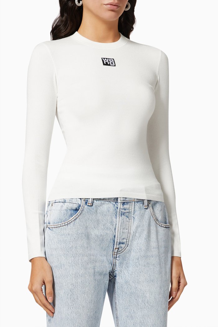 

Logo Patch Crewneck Top in Bodycon Knit, White