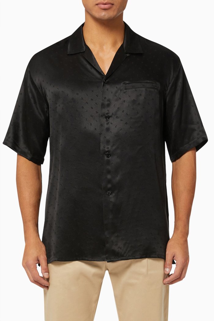 

Shark Collar Classic Shirt in Matte & Shiny Logo-print Silk, Black