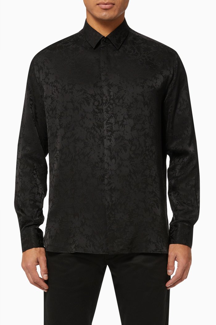 

Yves Collar Classic Shirt in Matte & Shiny Silk, Black