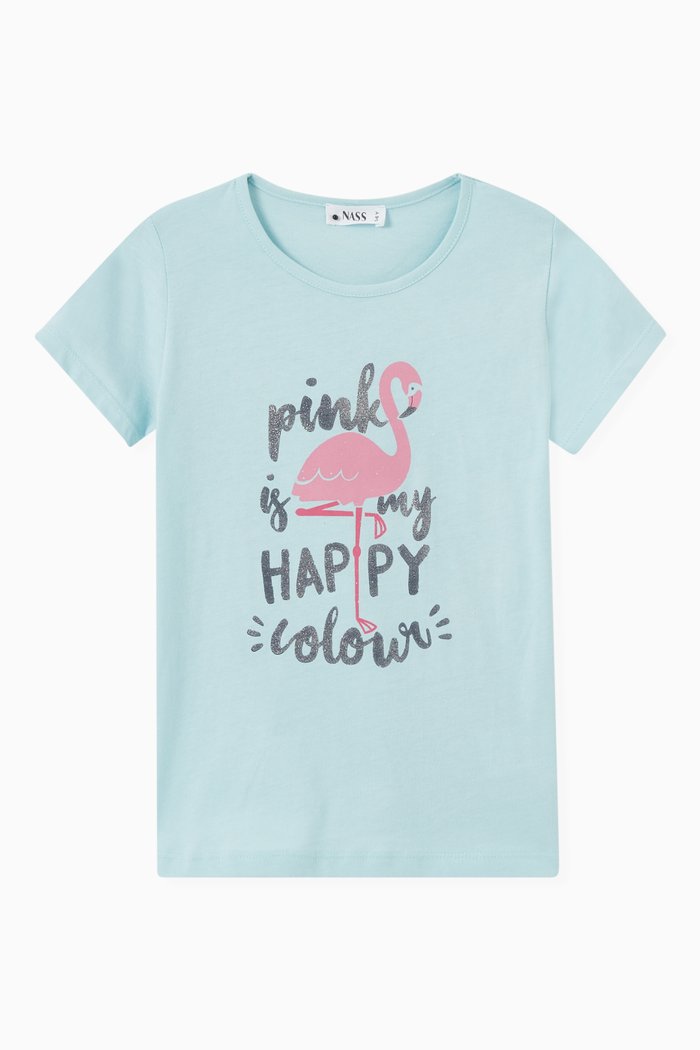 

Tamera Flamingo Print T-shirt in Cotton Jersey, Blue