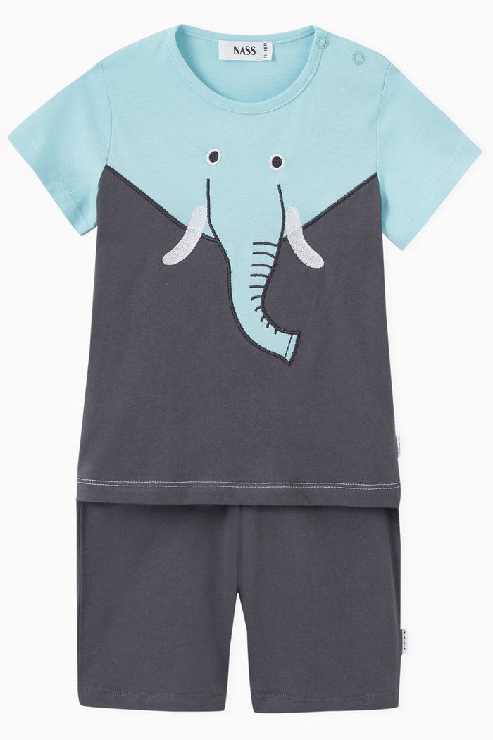 Afif Elephant Print T-shirt & Shorts in Cotton Jersey, Blue