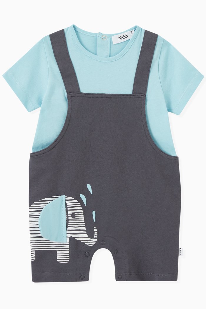 

Aziz Elephant Print Romper in Cotton Jersey, Blue