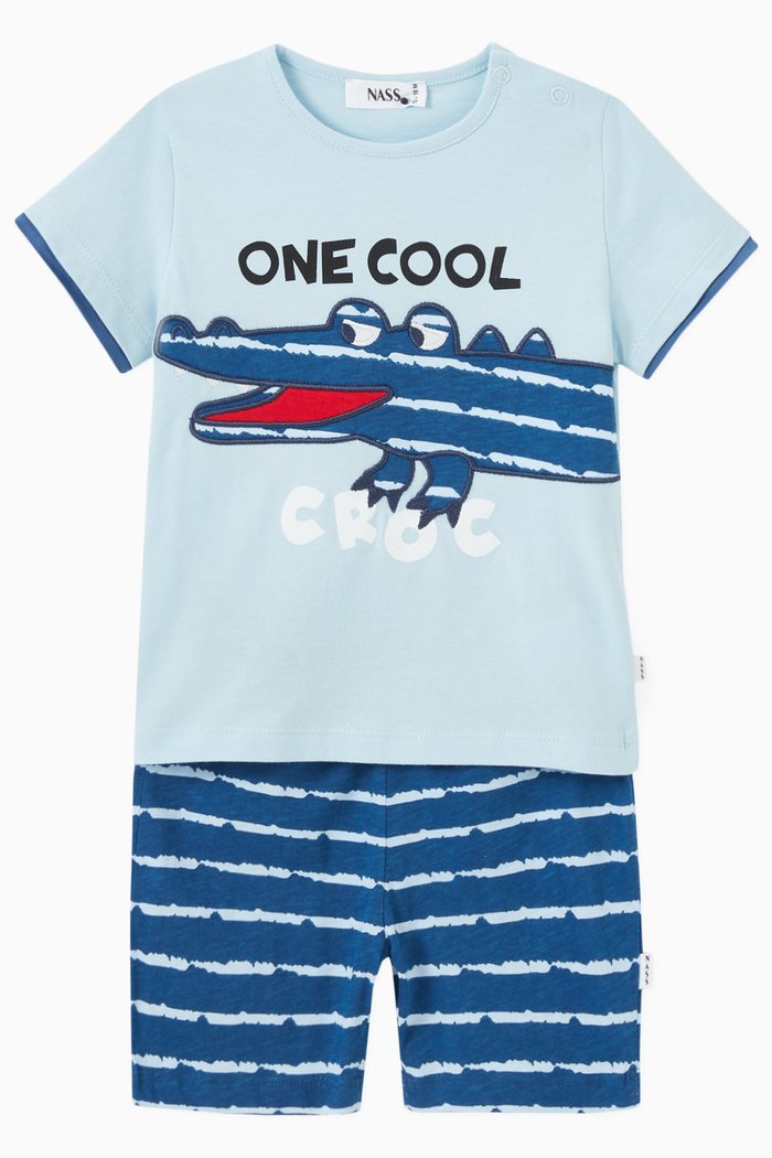 

Hadi Crocodile Print T-shirt & Shorts in Cotton Jersey, Blue