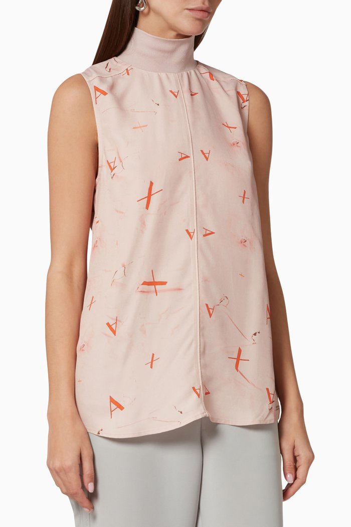 

High Neck Printed Top in Crepe, Pink