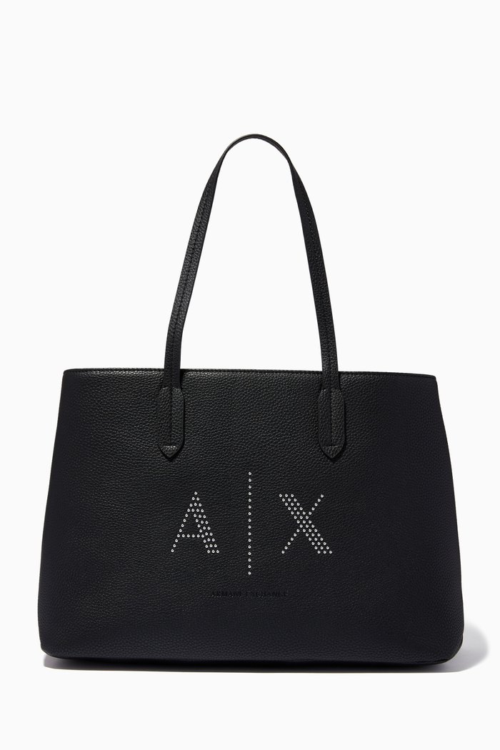 

AX Stud Logo Tote Bag in Faux Leather, Black