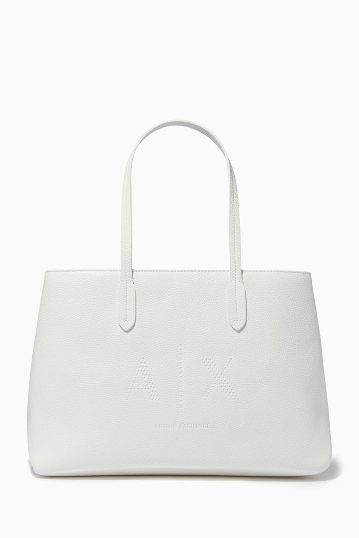 AX Stud Logo Tote Bag in Faux Leather, White