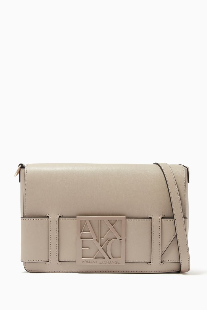 

AX Logo Plaque Messenger Bag in Faux Leather, Grey