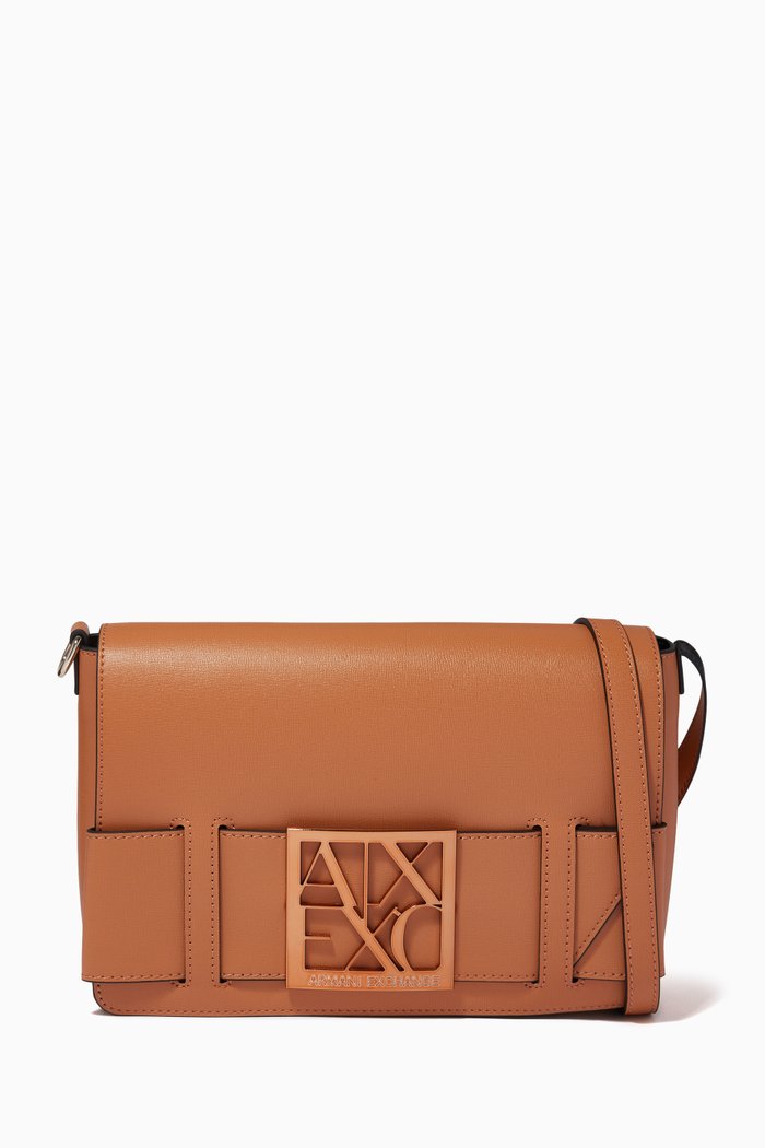 

AX Logo Plaque Messenger Bag in Faux Leather, Orange