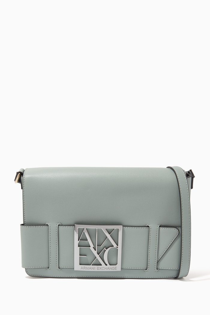 

AX Logo Plaque Messenger Bag in Faux Leather, Green