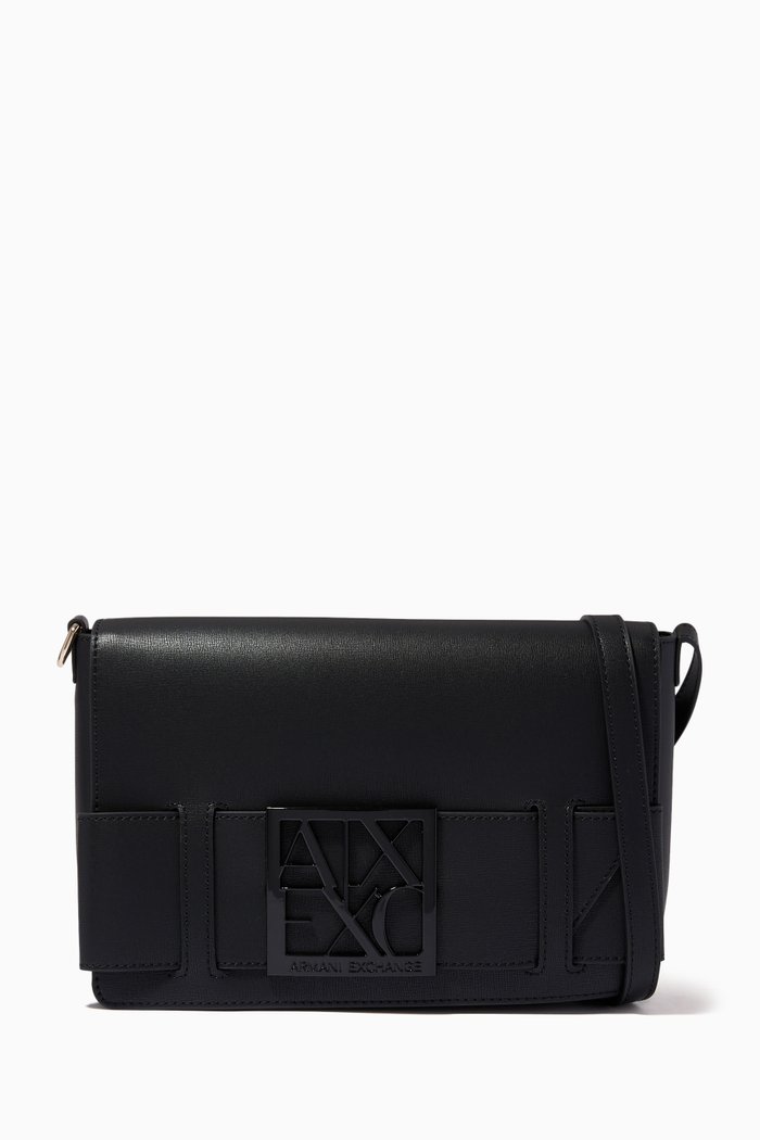 AX Logo Plaque Messenger Bag in Faux Leather, Black