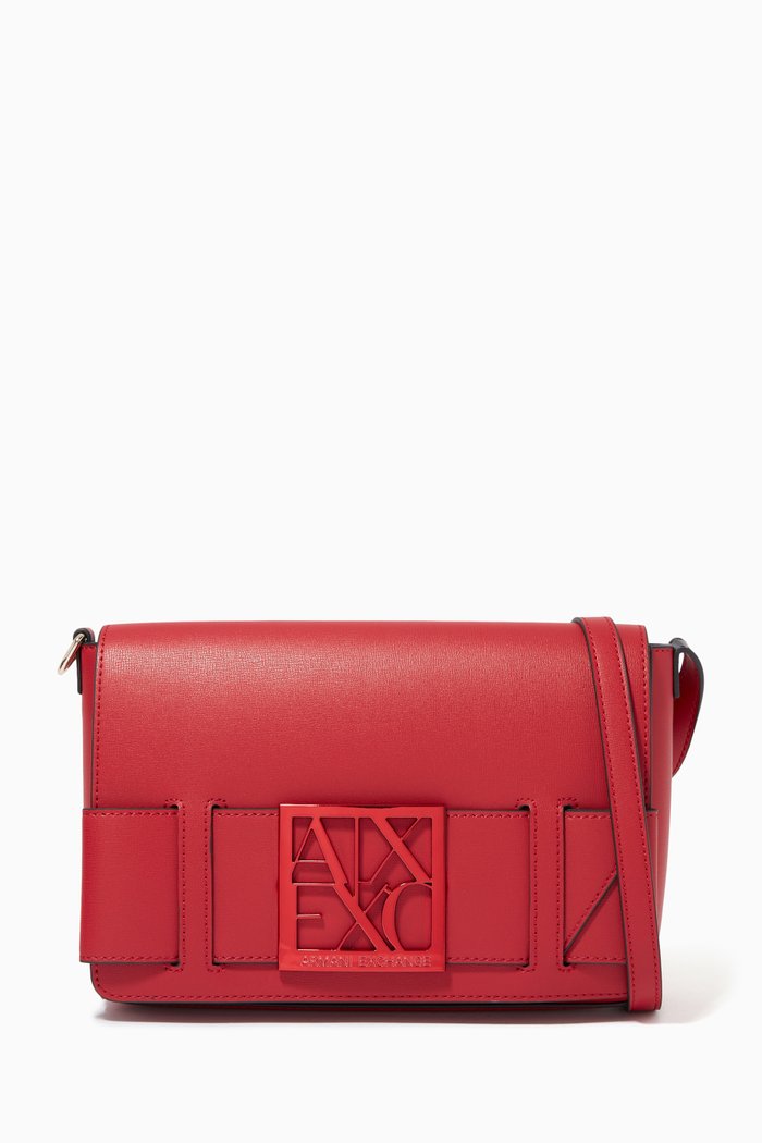 

AX Logo Plaque Messenger Bag in Faux Leather, Red