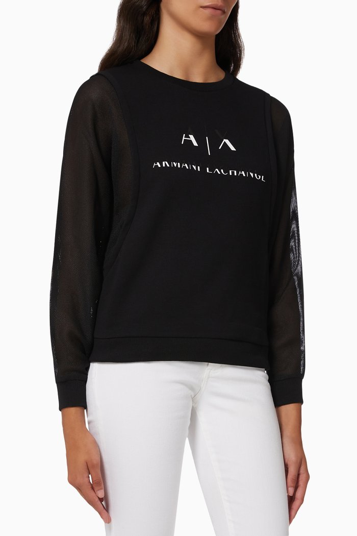 Mesh Long Sleeve Top in Cotton Blend, Black