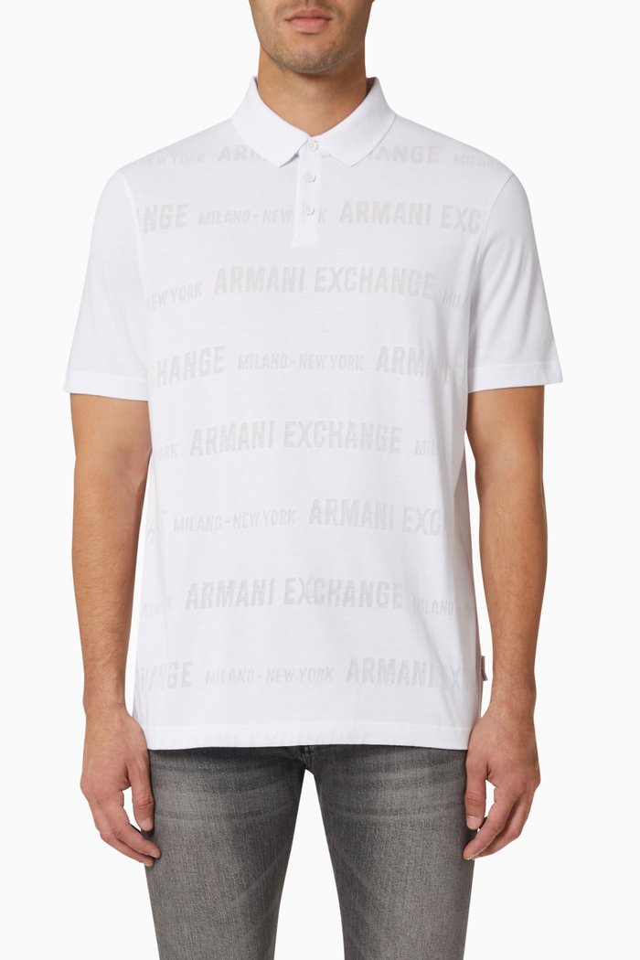 All-over Bold Logo Print Polo Shirt in Cotton Piqué, White