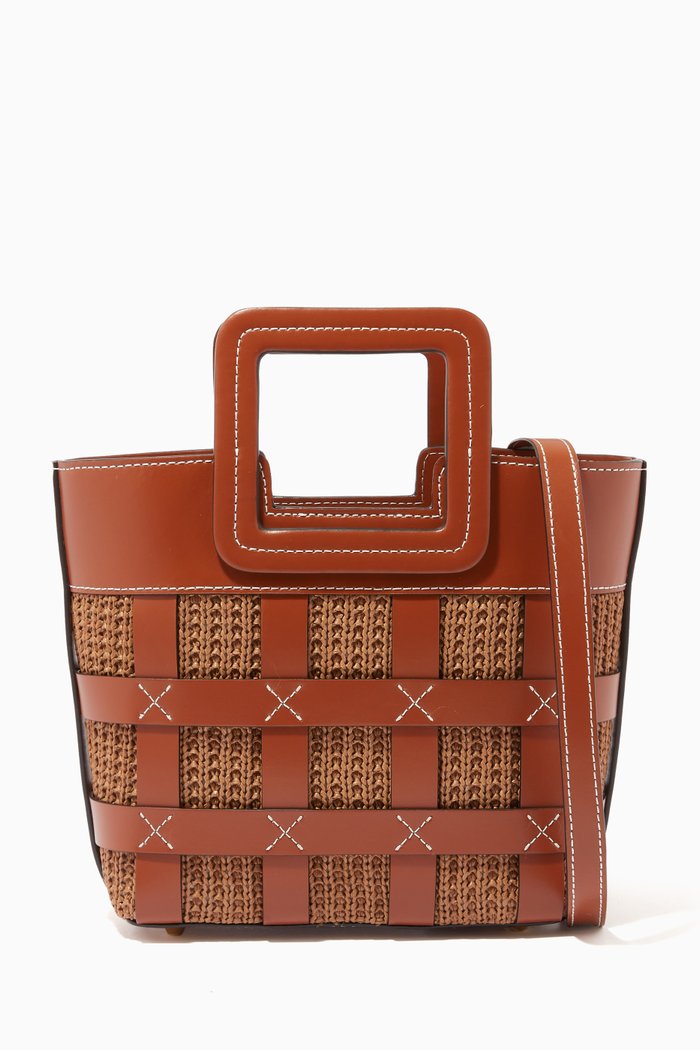 

Shirley Mini Tote Bag in Raffia & Leather, Brown