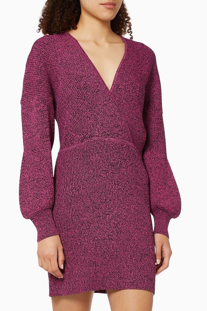 

V Neck Panel Dress in Melange Knit, Pink