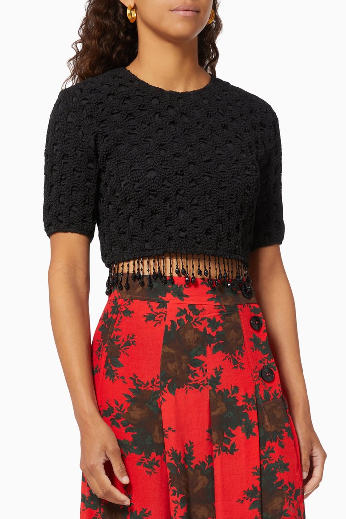 

Beaded Fringe Top in Smocked Satin, Black