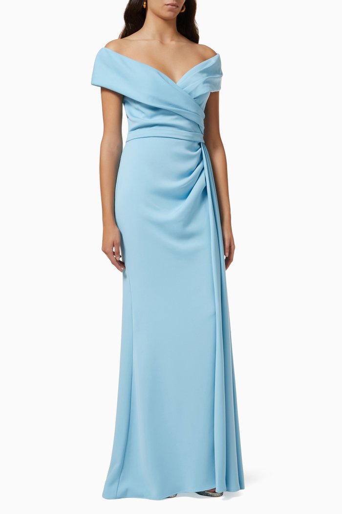 

Off-shoulder Draped Gown in Odessa Stretch Crepe, Blue