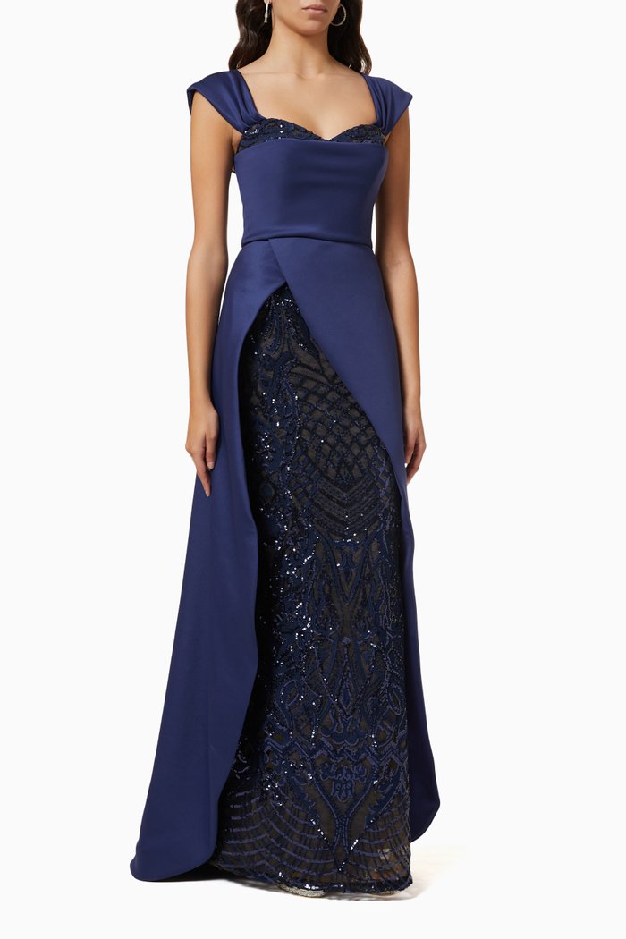 

Off-shoulder Gown in Sequin-embellished Scuba, Blue