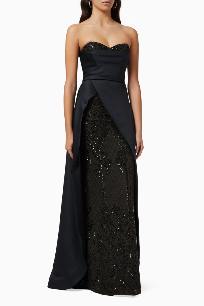 

Strapless Gown in Sequin-embellished Lace, Black