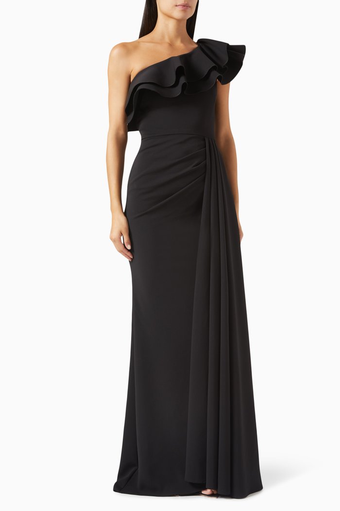 

Ruffled One-shoulder Gown in Stretch Crepe, Black