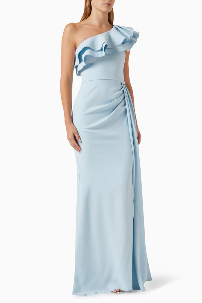 

Ruffled One-shoulder Gown in Stretch Crepe, Blue