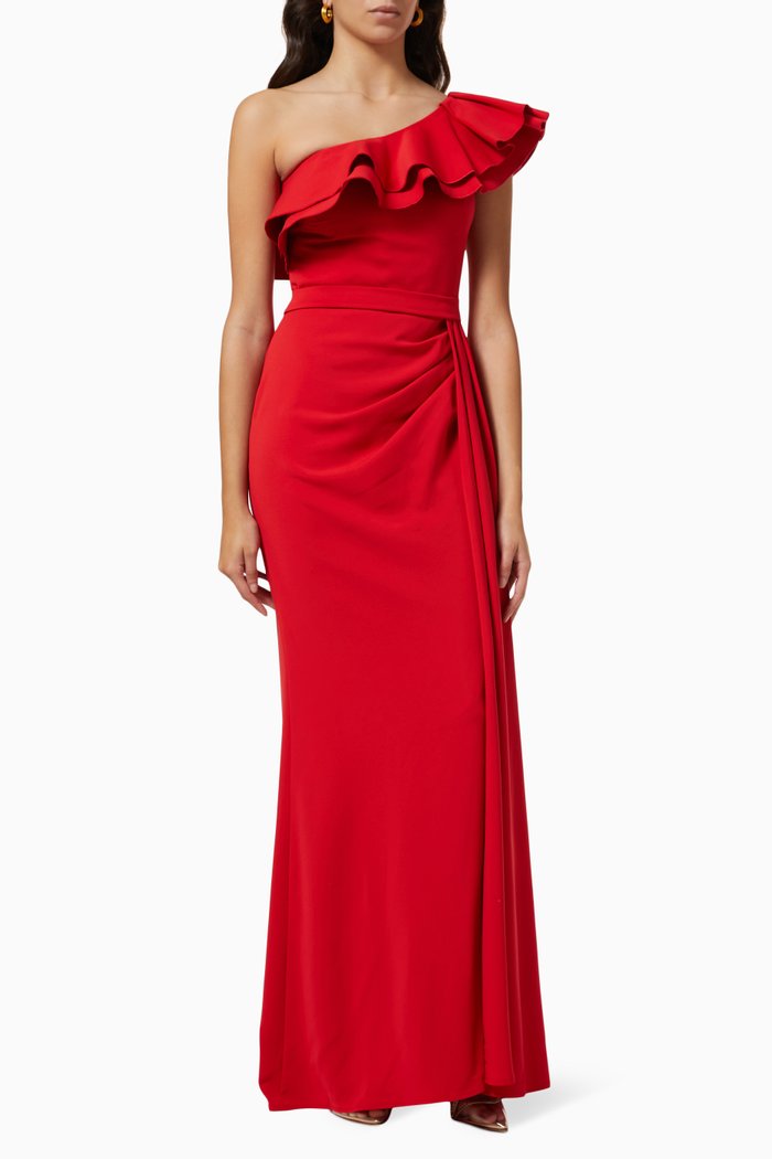 

Ruffled One-shoulder Gown in Stretch Crepe, Red