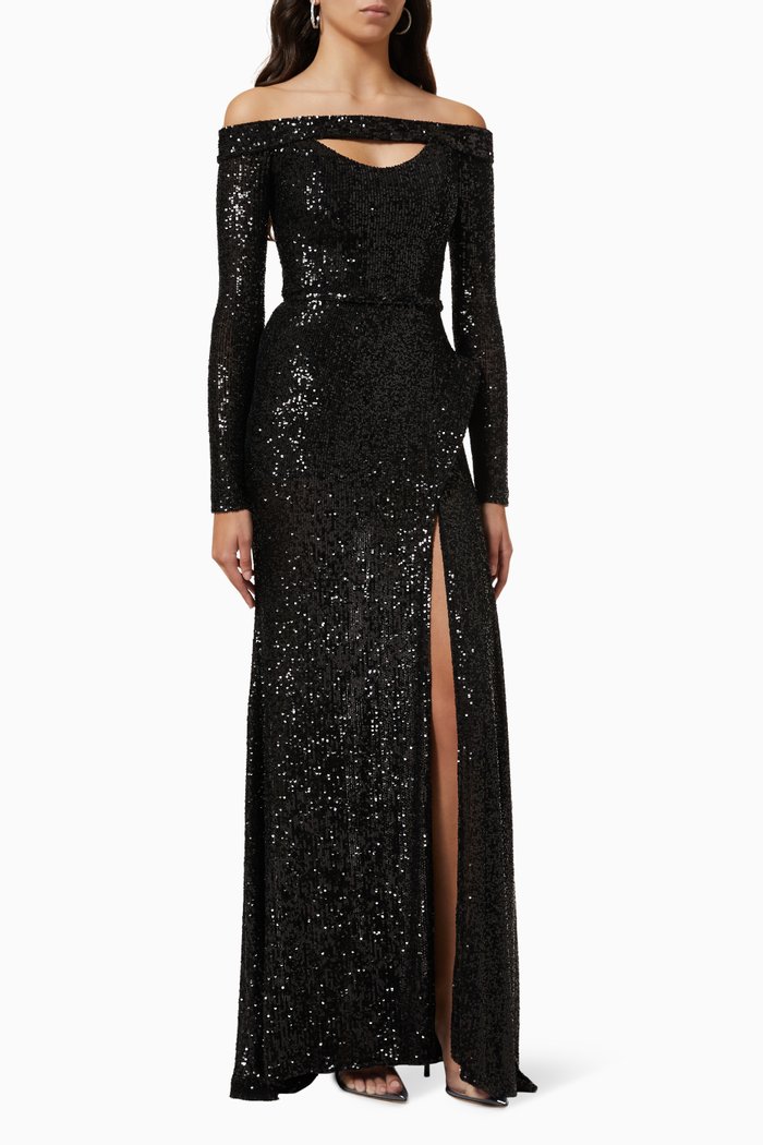 

Off-shoulder Gown in Sequin-embellished Crepe, Black