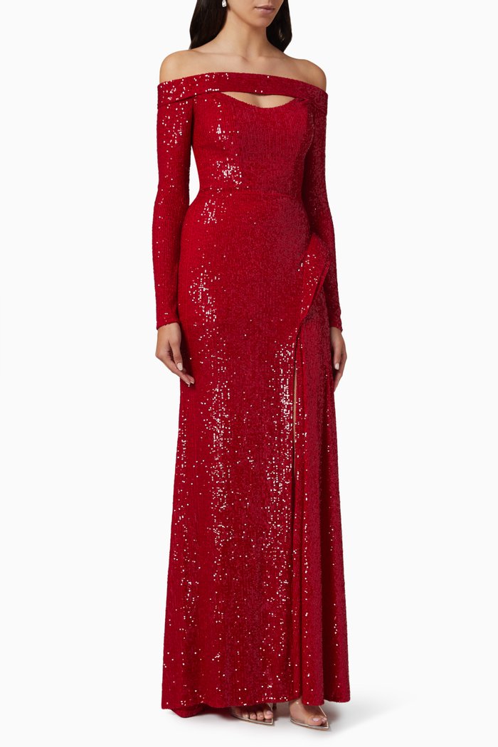 

Off-shoulder Gown in Sequin-embellished Crepe, Red