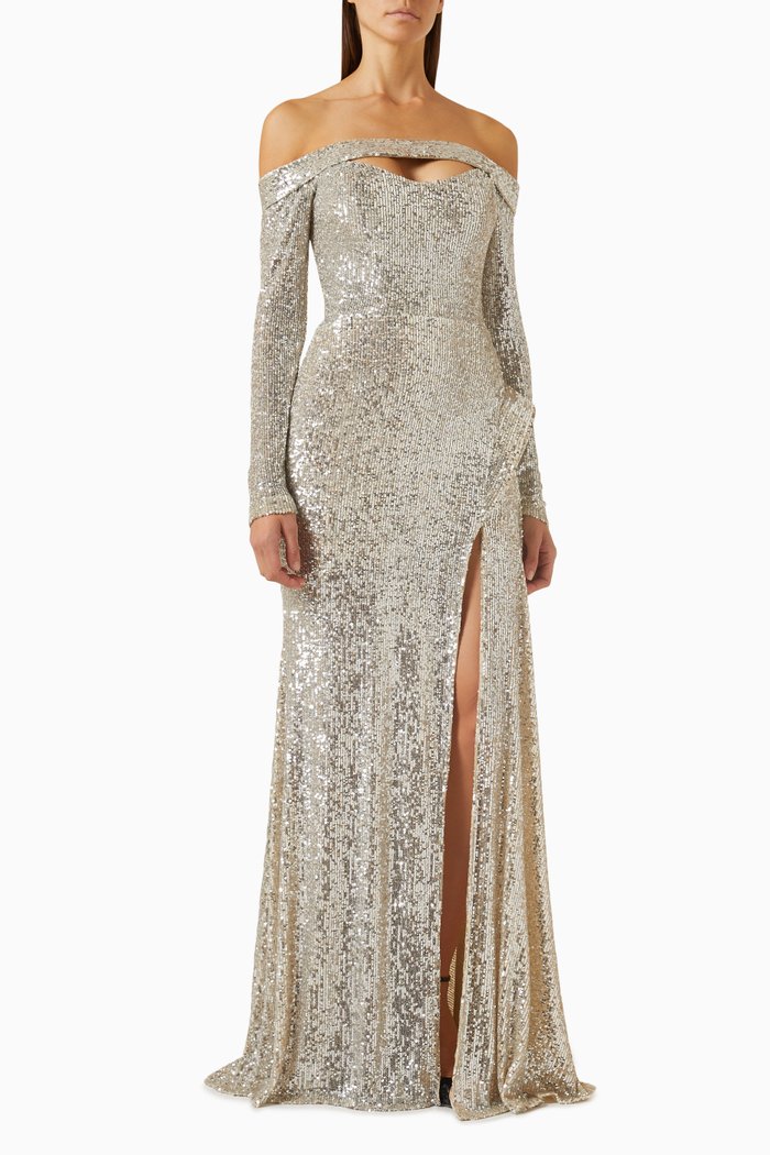 

Off-shoulder Gown in Sequin-embellished Crepe, Silver