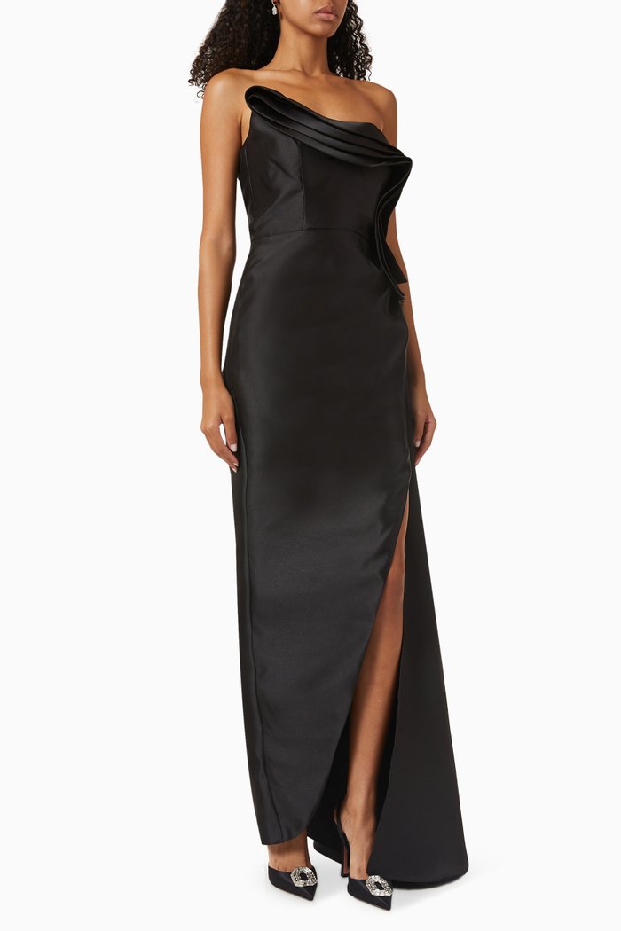 

Pleated & Draped Off-shoulder Gown in Taffeta, Black