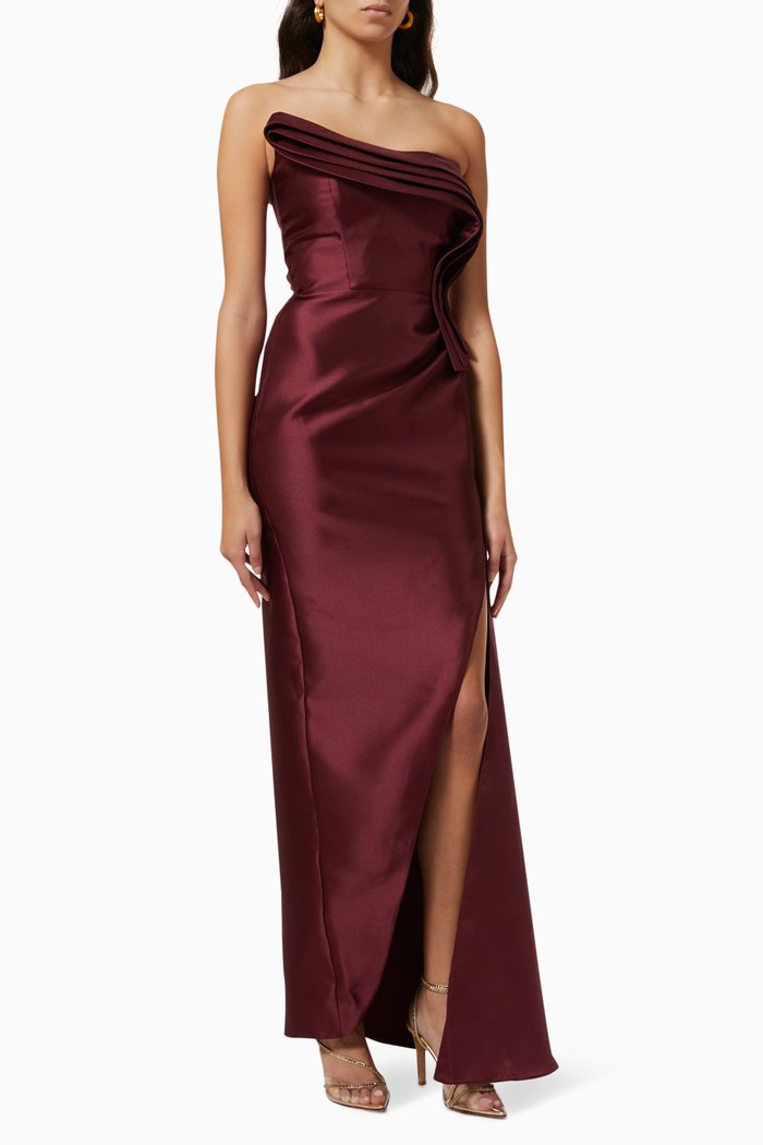 

Pleated & Draped Off-shoulder Gown in Taffeta, Red