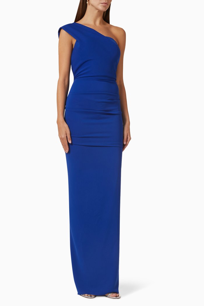 

One-shoulder Gown in Odessa Stretch Crepe, Blue
