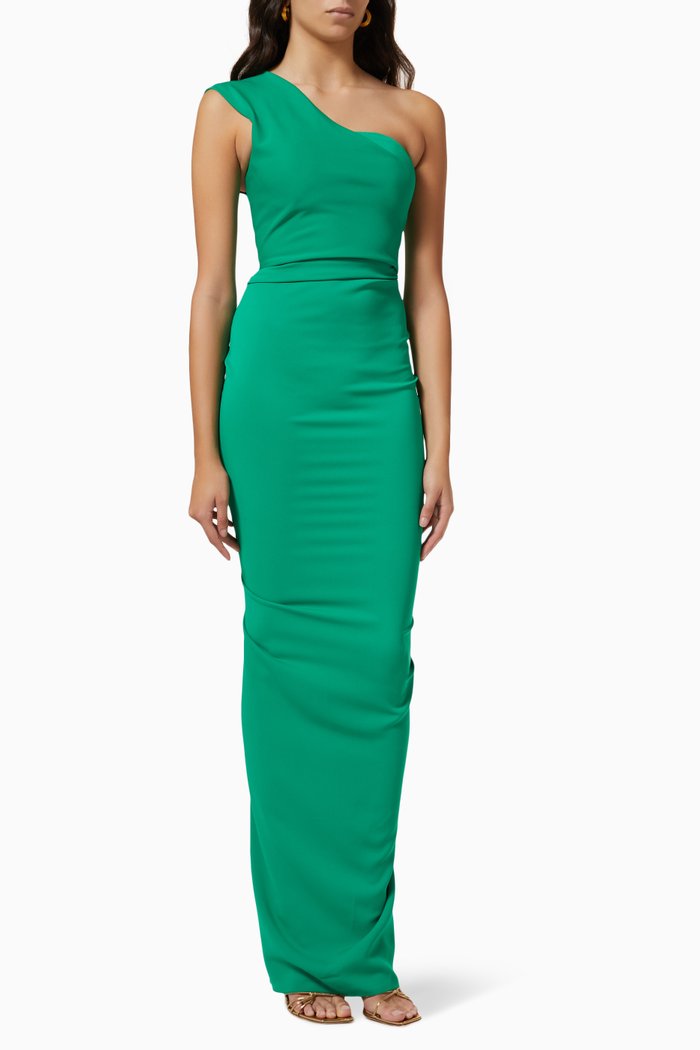 

One-shoulder Gown in Odessa Stretch Crepe, Green