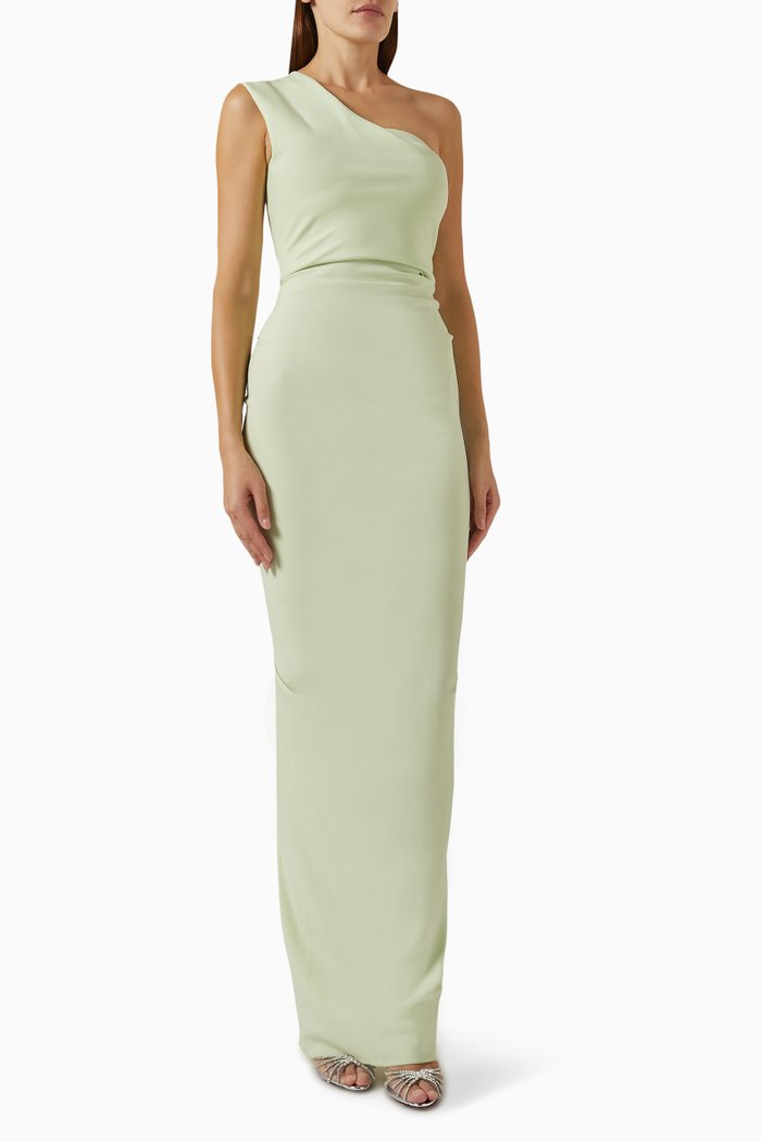 

One-shoulder Gown in Odessa Stretch Crepe, Green