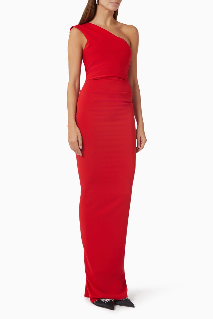 

One-shoulder Gown in Odessa Stretch Crepe, Red
