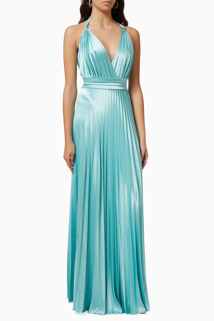 

Halter Pleated Gown in Satin, Blue