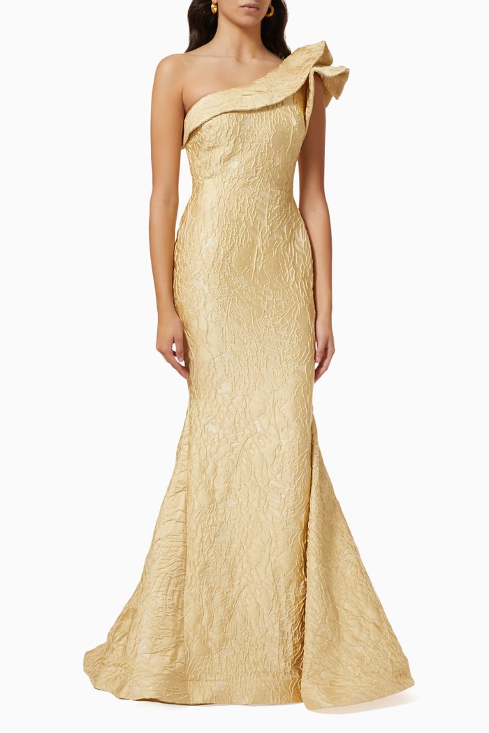 

One-shoulder Dress in Metallic Jacquard, Gold