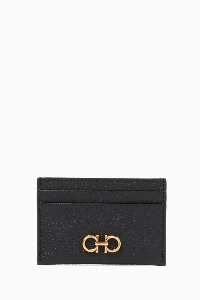 

Gancini Card Holder in Hammered Calfskin, Black