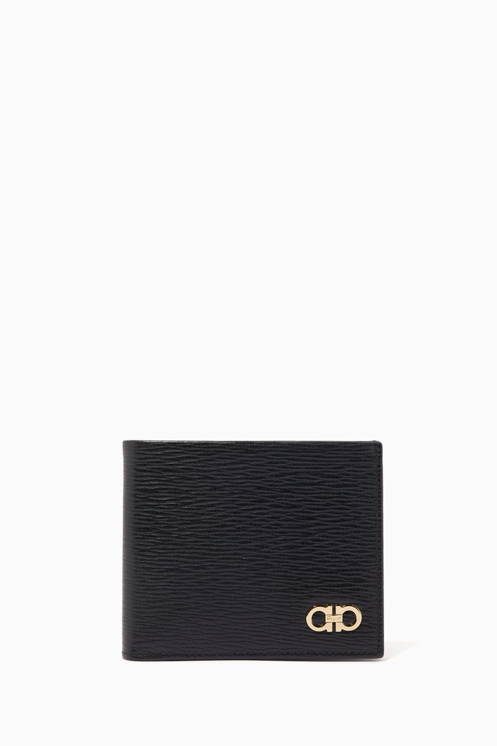 Gancini Wallet in Hammered Calf Leather, Black
