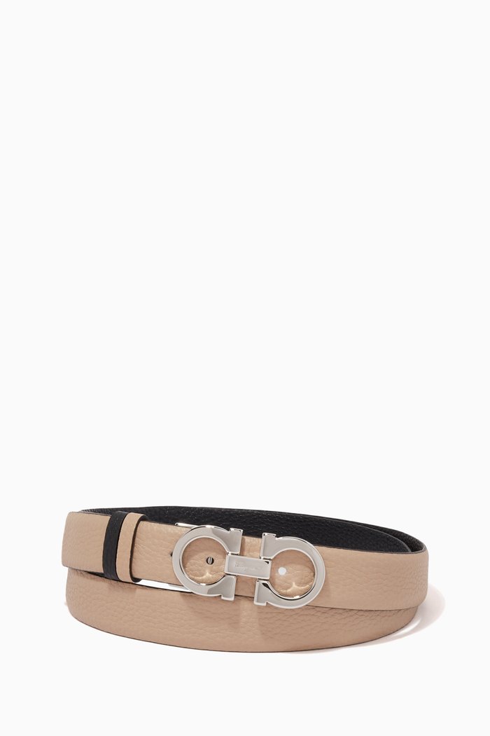 Gancini Reversible Belt in Calf Leather, Neutral