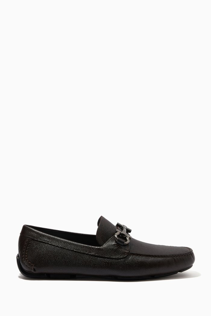

Gancini Driver Loafers in Leather, Brown
